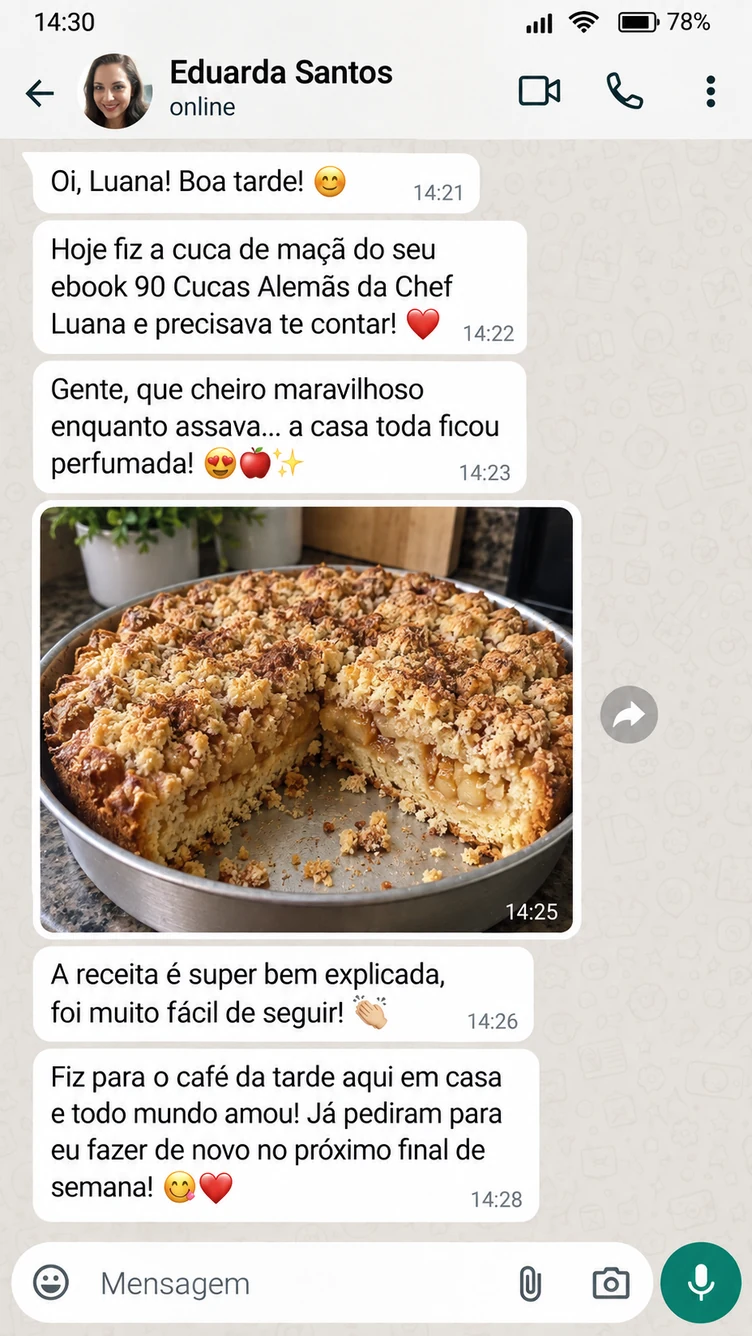 Depoimento de Eduarda Santos sobre as cucas caseiras, enviado em conversa de WhatsApp
