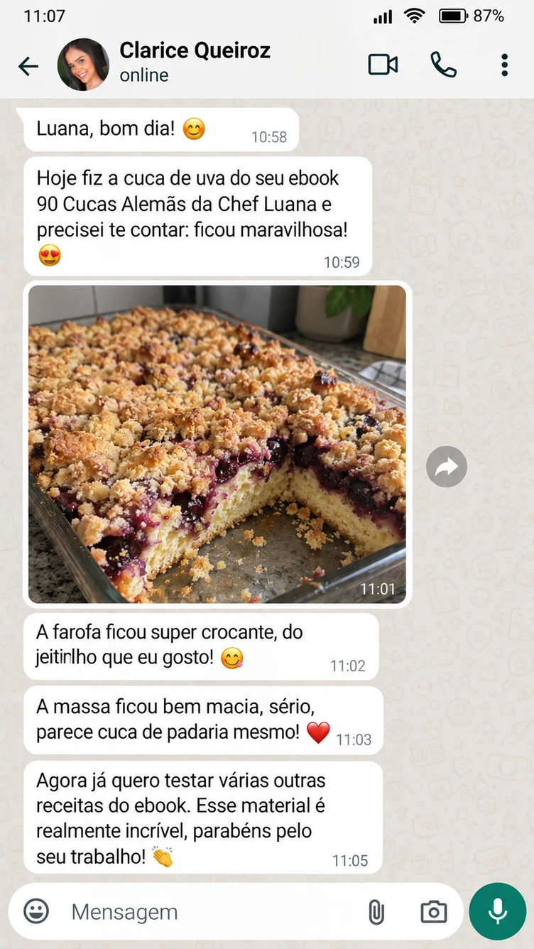 Depoimento de Clarice Queiroz sobre as cucas caseiras, enviado em conversa de WhatsApp