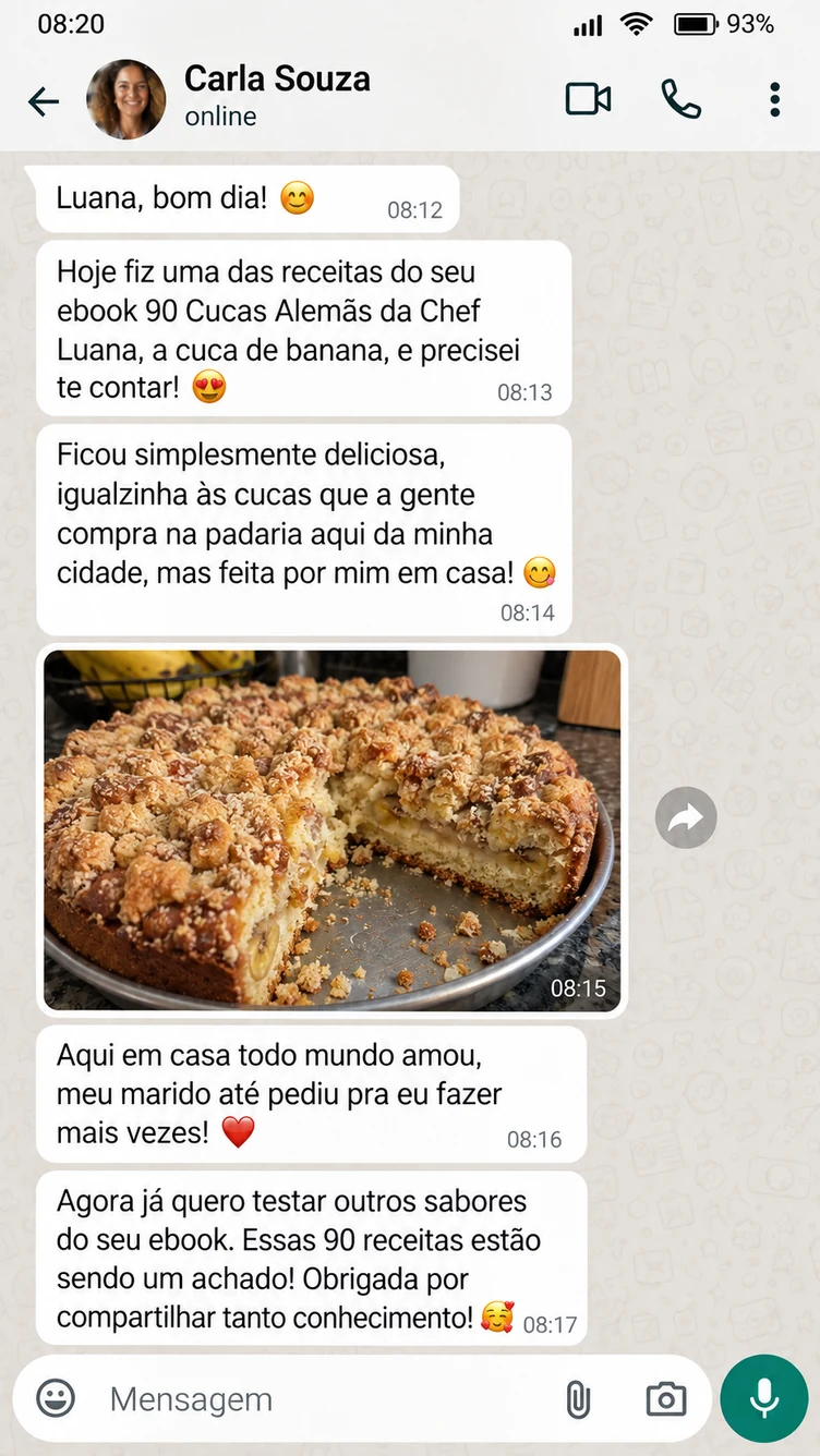 Depoimento de Carla Souza sobre as cucas caseiras, enviado em conversa de WhatsApp