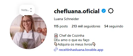 Perfil verificado da Chef Luana no Instagram